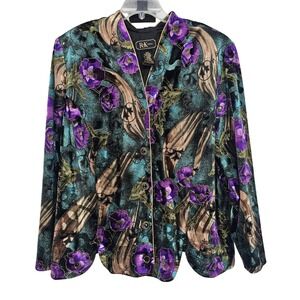 VTG R&K Evening Velvet Floral Blazer Jacket 22W Purple Gold Teal Glam Holiday